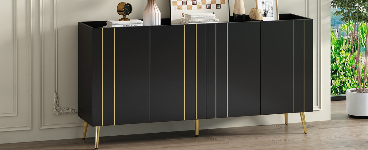 Luxurious Shoe Cabinet With 5 Metal Legs, Modern Tv Stand With 4 Adjustable Shelves For Tvs Up To 70", Minimalist Sideboard Cabinet With Gold Lines Doors For Living Room,62.9"X 31.4",Black Black