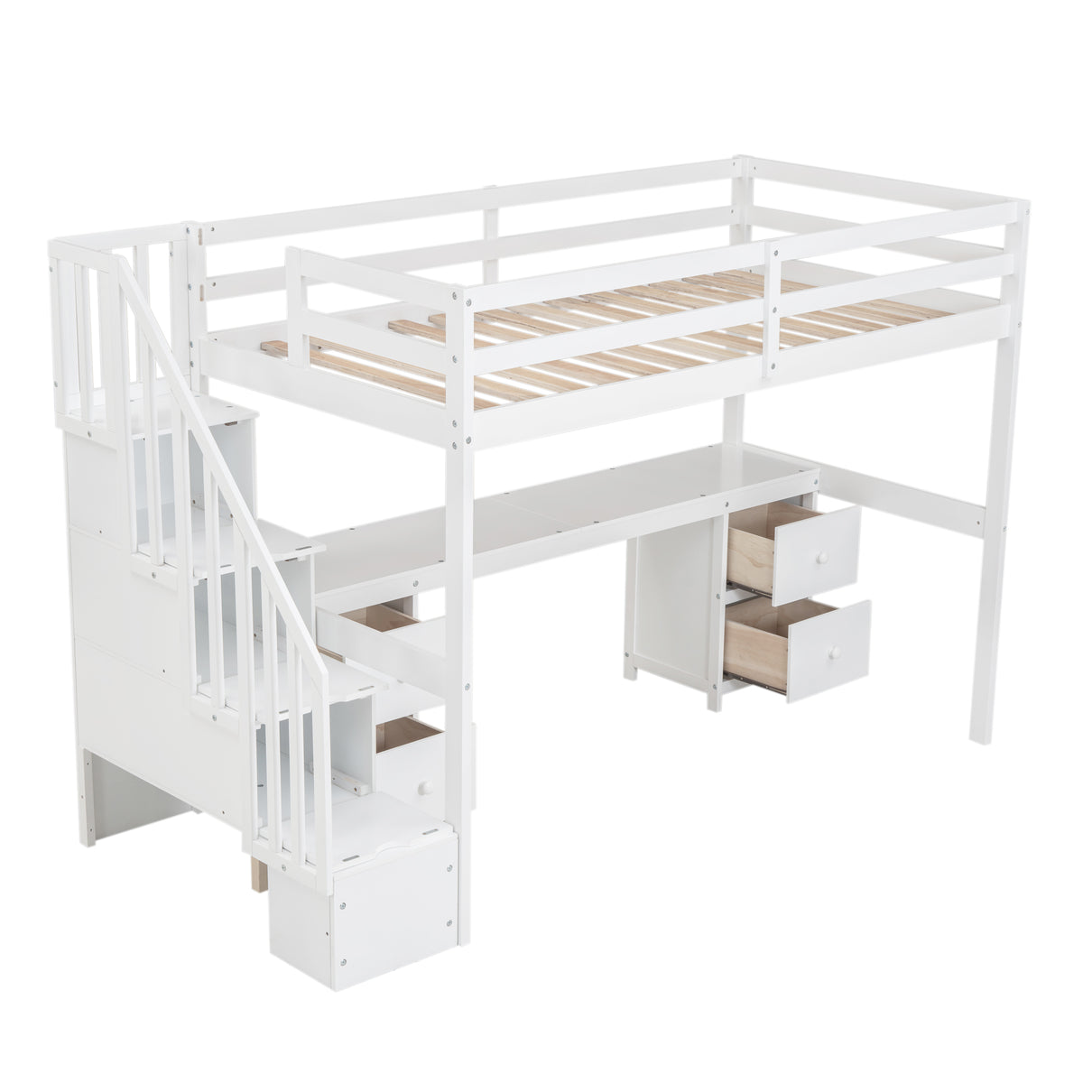 Twin Size Loft Bed Frame With Built In Desk And Double Storage Drawers,White Twin White Solid Wood Mdf