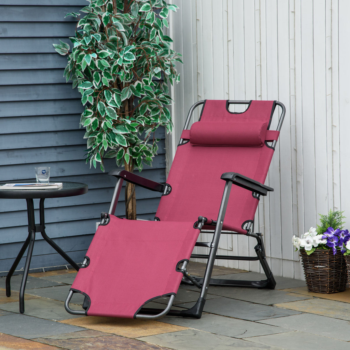 Outsunny Folding Chaise Lounge Chair For Outside, 2 In 1 Tanning Chair With Pillow & Pocket, Adjustable Pool Chair For Beach, Patio, Lawn, Deck, Red Red Metal