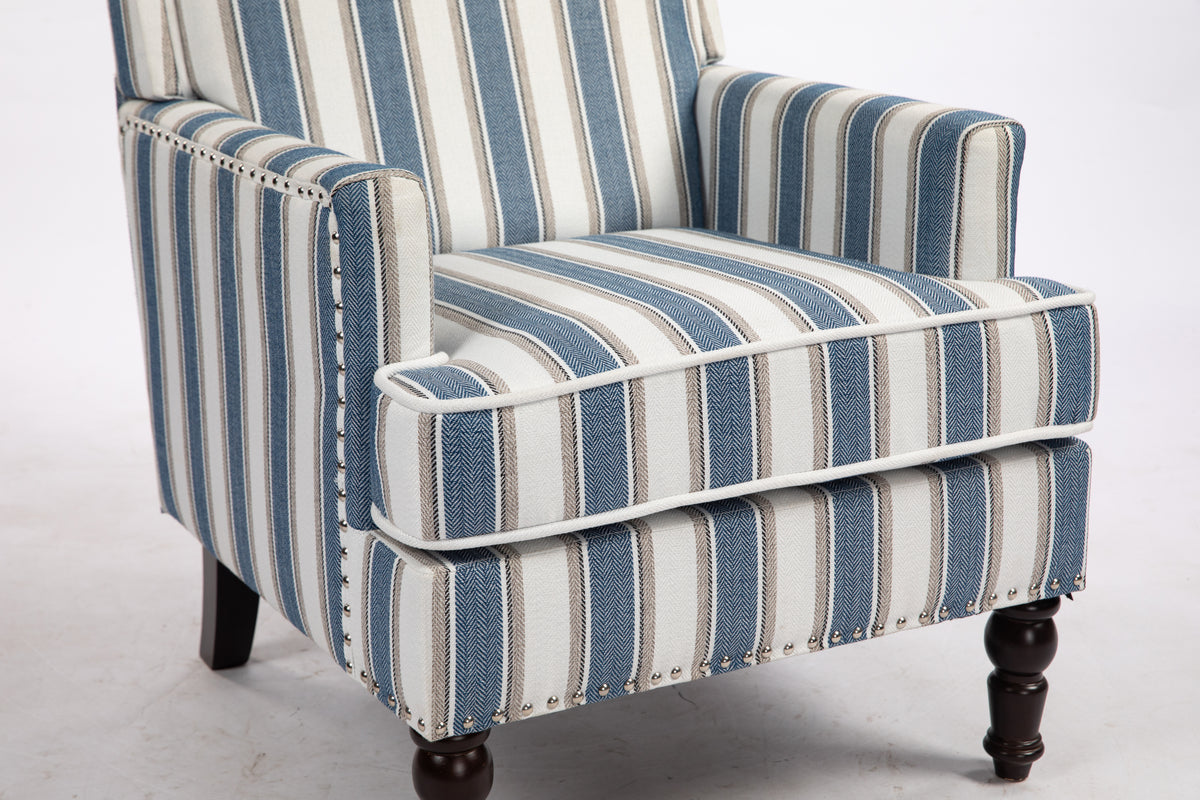 Upholstered Accent Chair, Vintage Armchair With Blue And White Striped Linen Fabric And Trim For Living Room Blue Cotton