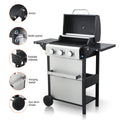 3 Burner Propane Gas Bbq Grill, 25650Btu Output With Wire Enamel Cooking Grids For Outdoor Barbecue, Foldable Side Table, Stainless Steel Black Silver Garden & Outdoor Iron,Stainless Steel