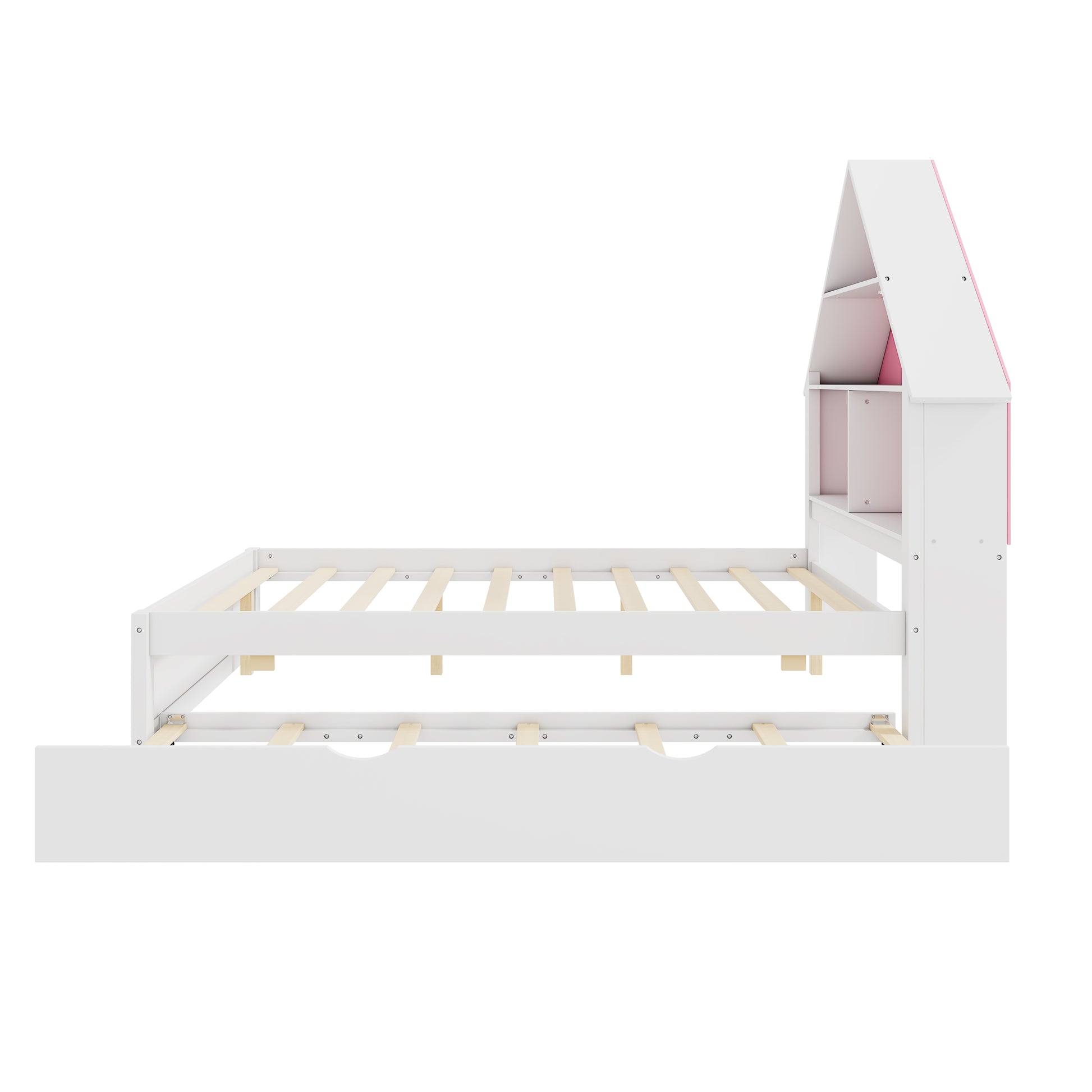 Full Size House Shaped Bed With Bookcase Headboard And Led Light And Twin Size Trundle For Kids Boys Girls, Pink White Box Spring Not Required Full White Pink Wood Bedroom Cute Bed Frame Wood