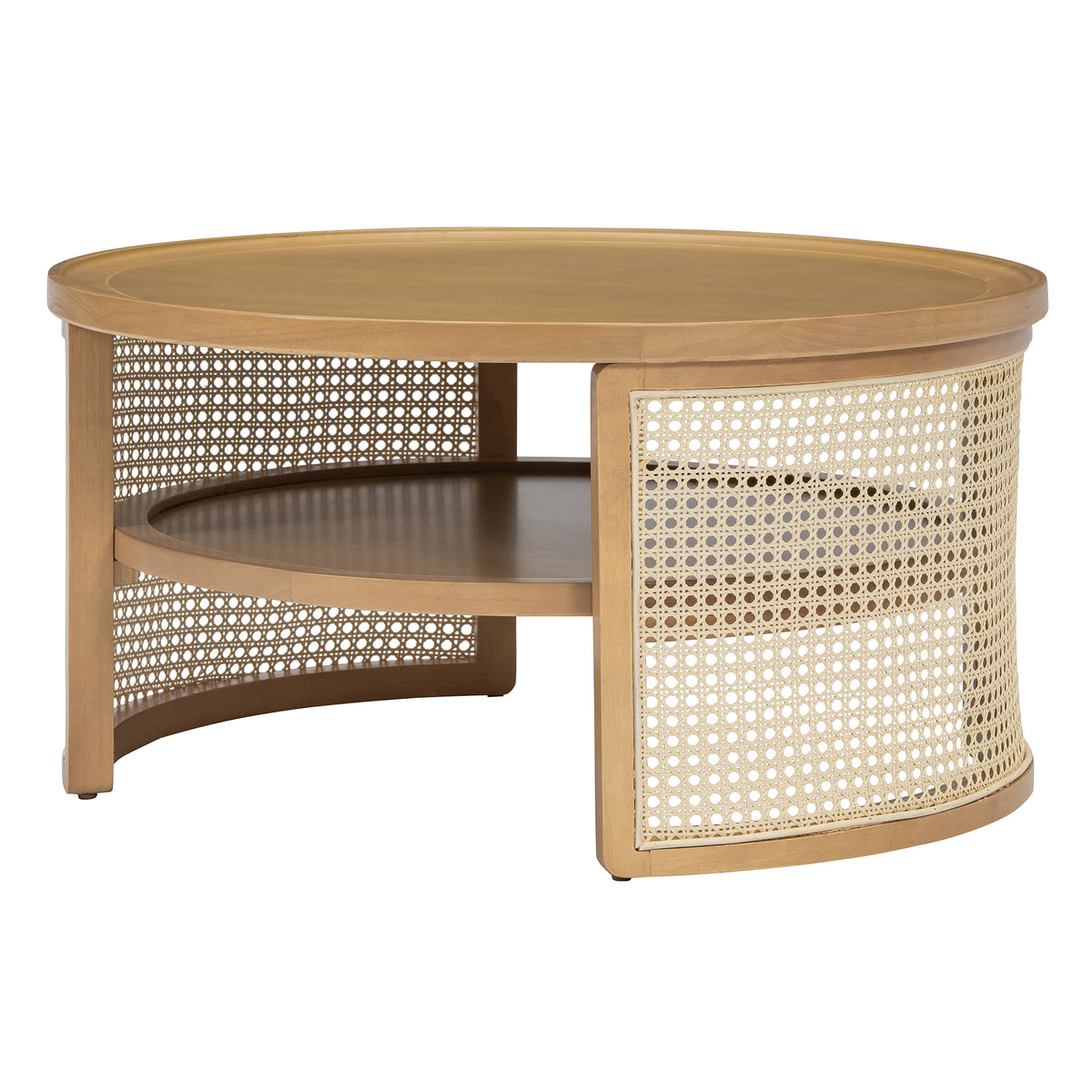 2 Tiered Round Natural Wood Coffee Table With Storage Rattan Base In 31.3'' Natural Rubber Wood
