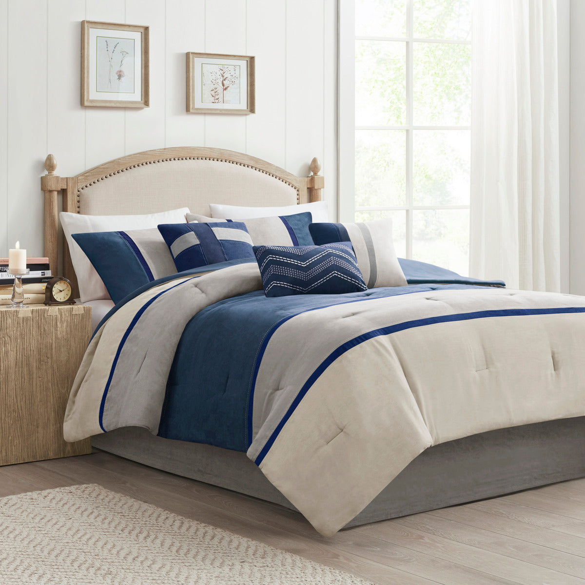 7 Piece Faux Suede Comforter Set Blue Queen Queen Blue Polyester