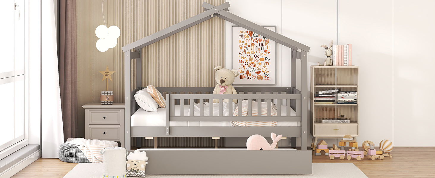 Full Size Wooden House Bed With Twin Size Trundle, Gray Full Gray Solid Wood Mdf