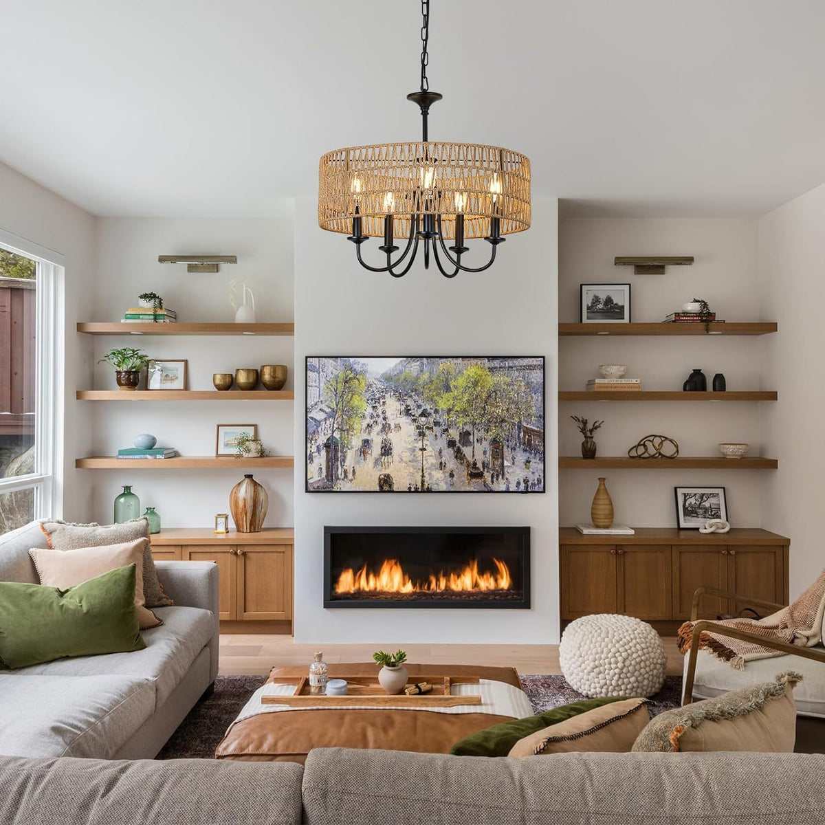 Modern Farmhouse Chandelier Light Fixtures, 5 Lights Large Rattan Pendant Lighting With Hand Woven Wicker Shade, Boho Black Chandeliers For Dining Room Living Room Kitchen Island Bedroom Brown Rattan Metal