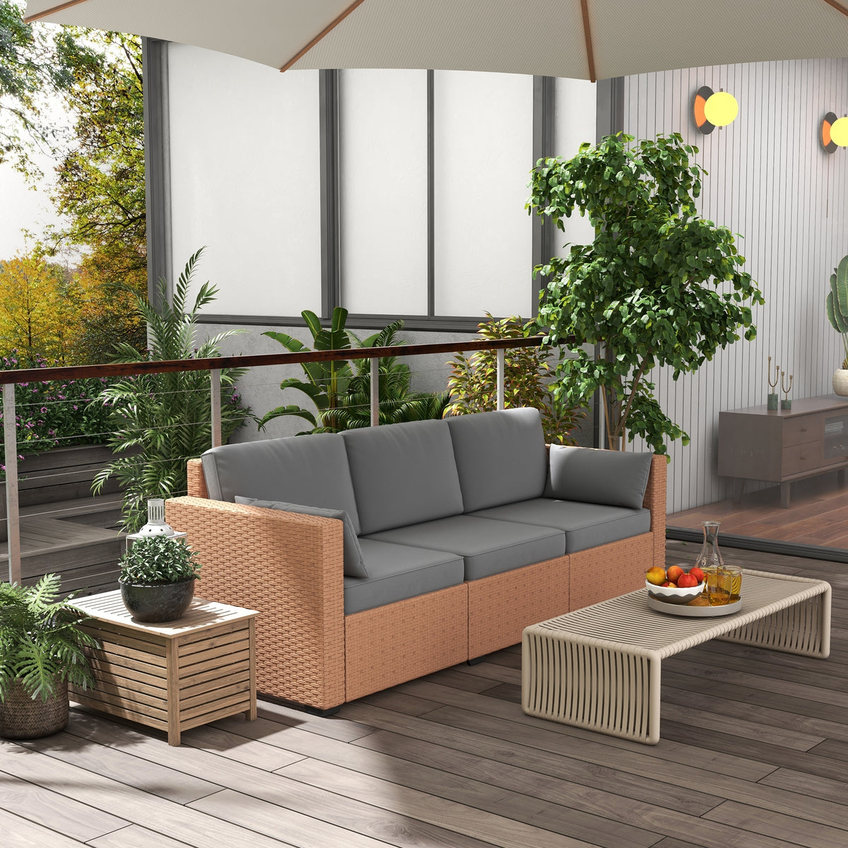 Outsunny Wicker Patio Couch, Pe Rattan 3 Seat Sofa, Outdoor Furniture With Deep Seating, Cushions, Steel Frame, Sand Brown Steel