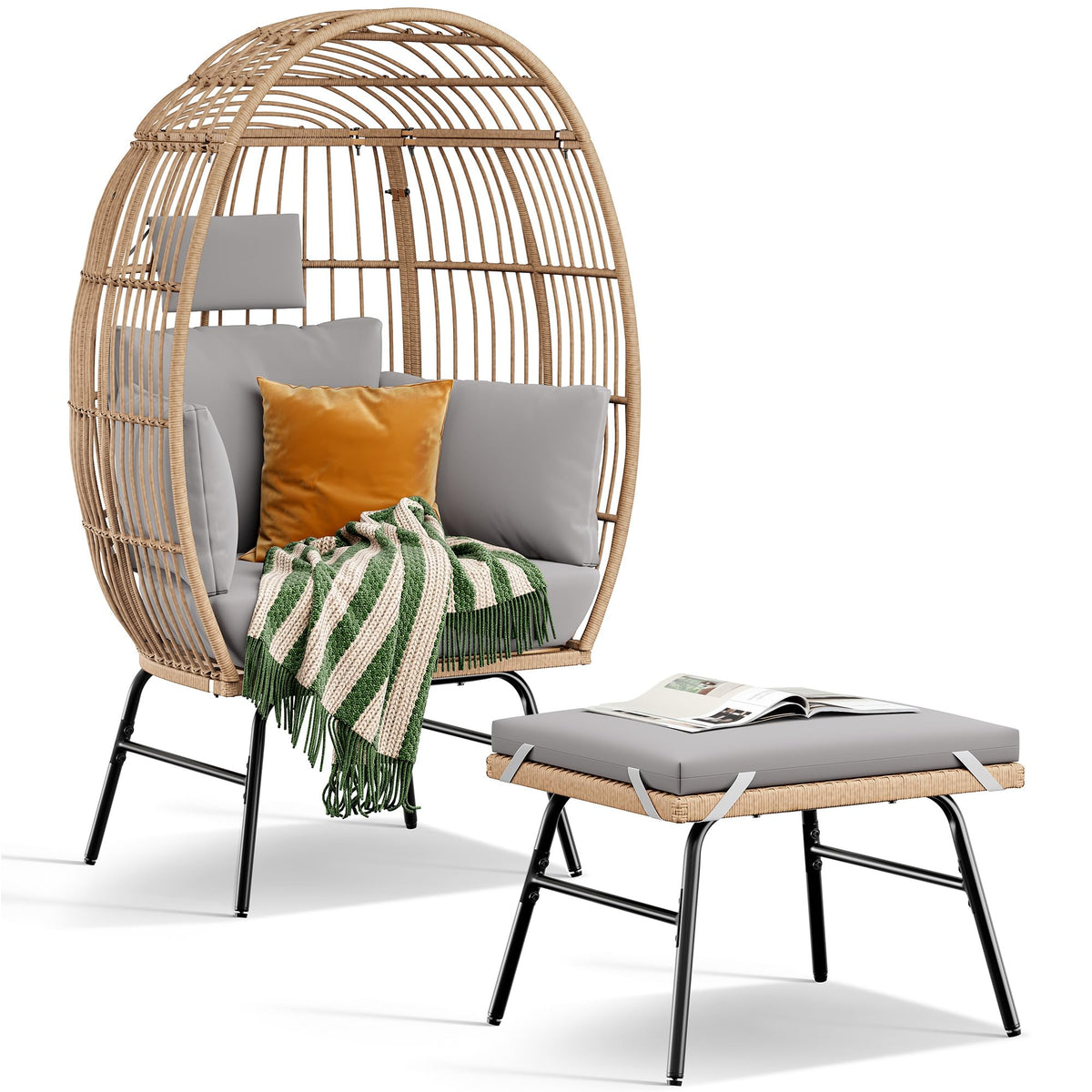 Outdoor Garden Wicker Egg Chair And Footstool Patio Chaise, With Cushions, Outdoor Indoor Basket Chair Yes Blue Neutral Seats 2 Garden & Outdoor European,Modern Steel