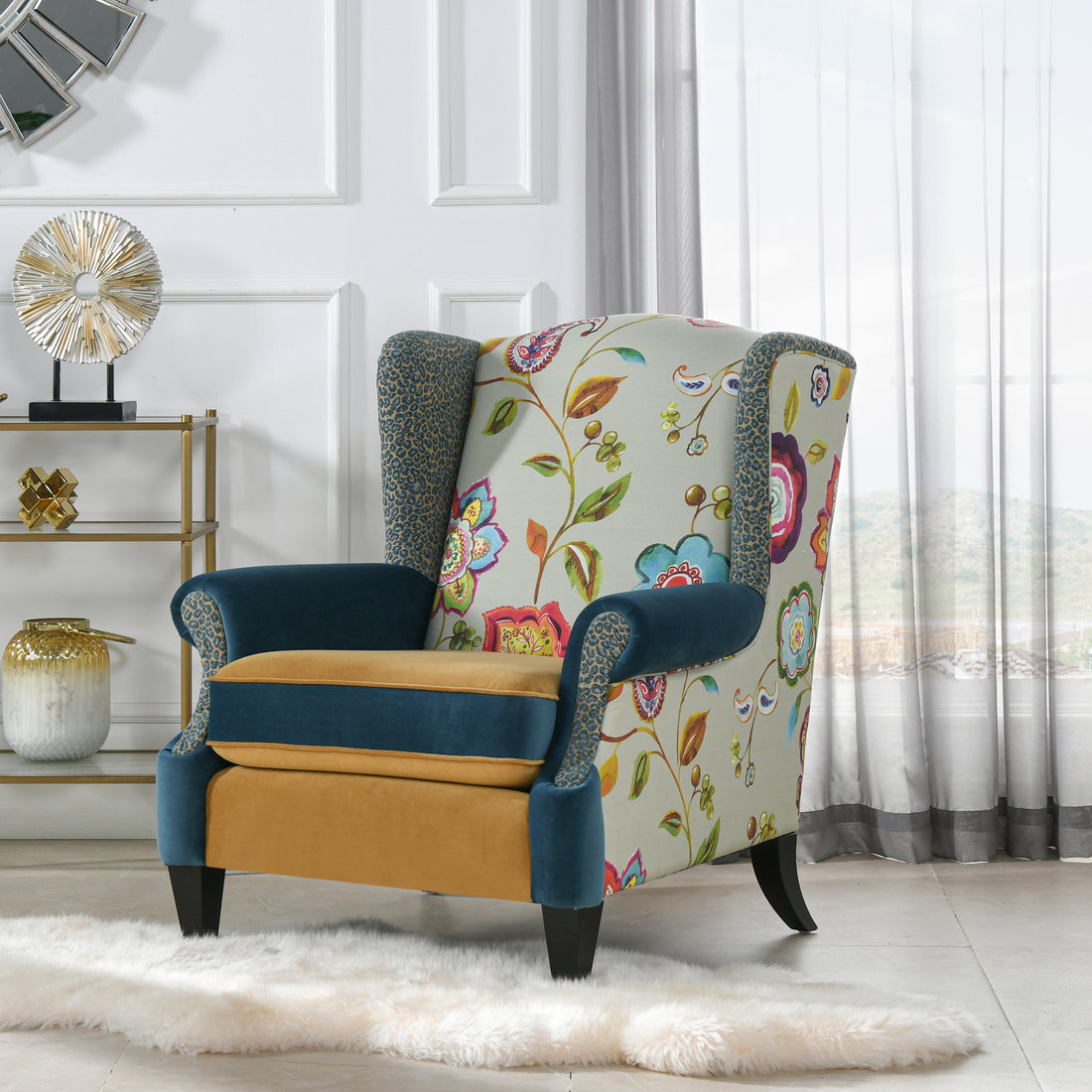 Anya Boho Chic Wingback Accent Arm Chair, Floral & Leopard, Blue Teal & Yellow Gold Velvet Teal Multi Foam Fabric