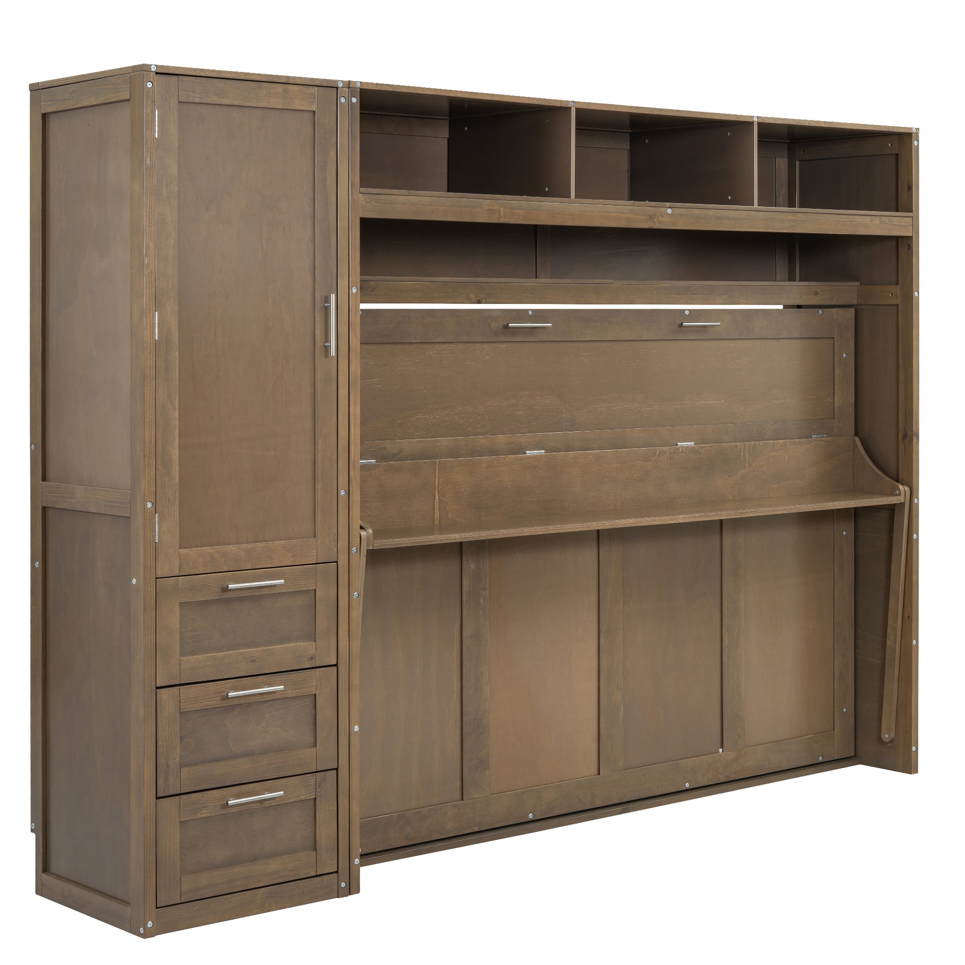 Full Size Murphy Bed With Wardrobe, Drawers And Open Shelves, Antique Wood Box Spring Not Required Full Wood Wood Murphy Solid Wood Mdf