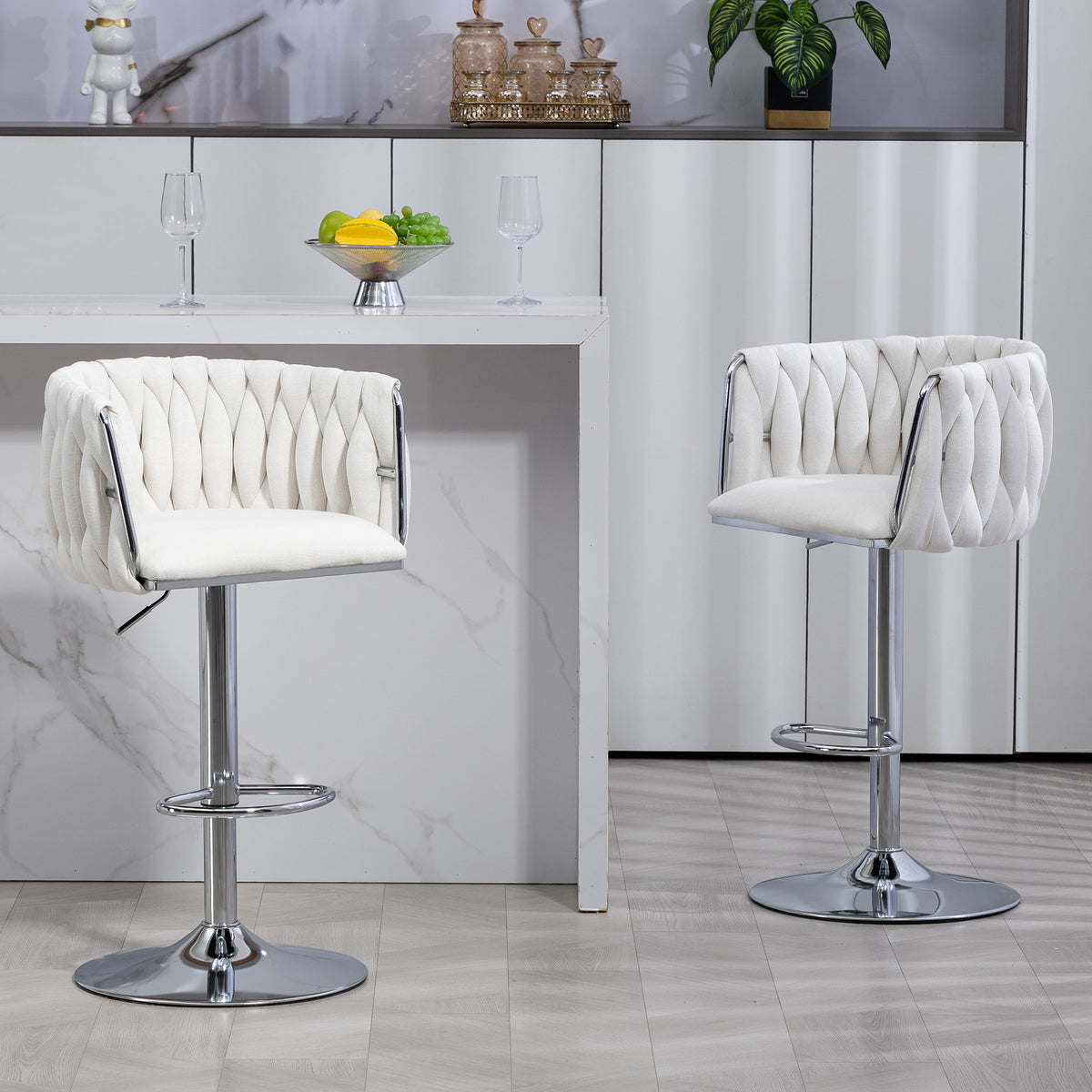 360 Fabric Cover Swivel Bar Stools Set Of 2, Adjustable Counter Height Bar Chairs With Woven Back & Footrest,Silver Chromed Bar Stools For Kitchen Island, Cafe, Pub Beige Beige Kitchen Modern Foam Fabric