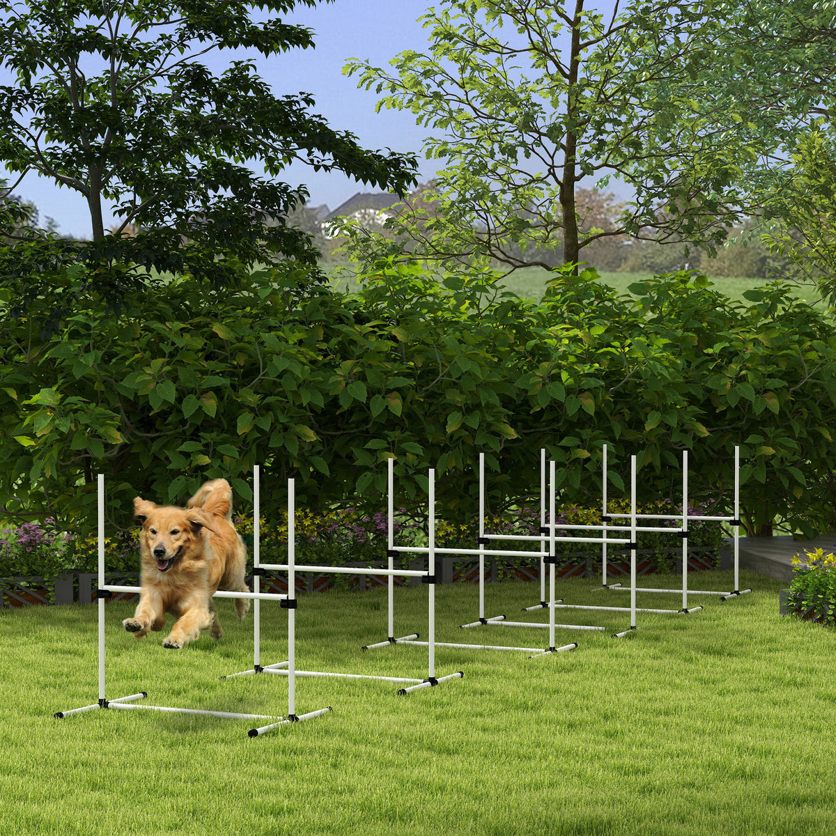 Pawhut 6 Piece Dog Agility Training Equipment For Dog Agility Course With Adjustable Height Jump Bars, Included Carry Bag, & Displacing Top Bar, White White Plastic