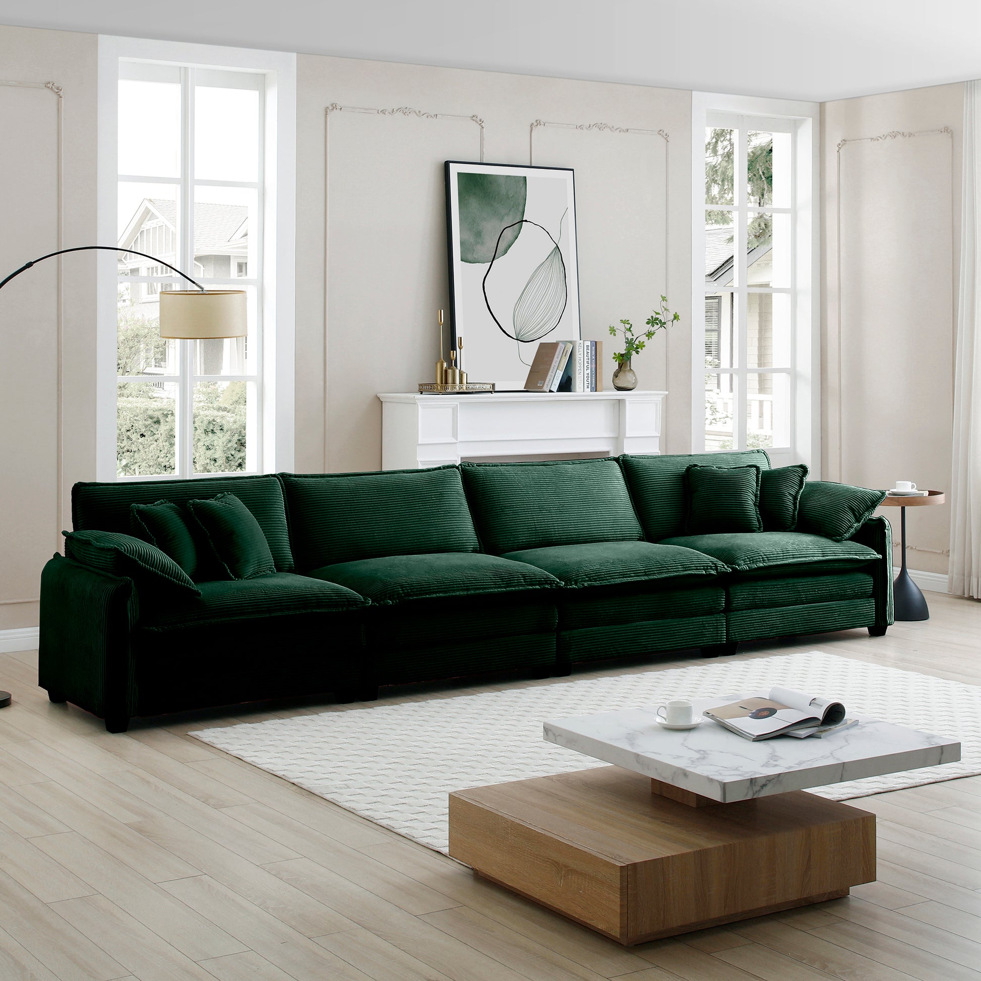 Corduroy Sofamodern Upholstered 4 Seater Corduroy Fabric Sofaoffice Living Room Apartment Comfortable Sofa, Easy To Assemble With 2 Arm Pillows And 4 Throw Pillows Green Corduroy 4 Seat