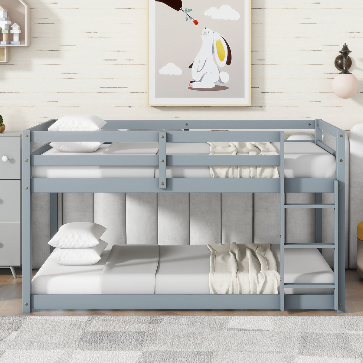 Solid Woodensolid Rubber Wooden Twin Over Twin Loft Bed With Ladder ,Upper And Bottom Bed Platforms Crafted With Strengthened Slats ,Grey Twin Grey Rubber Wood