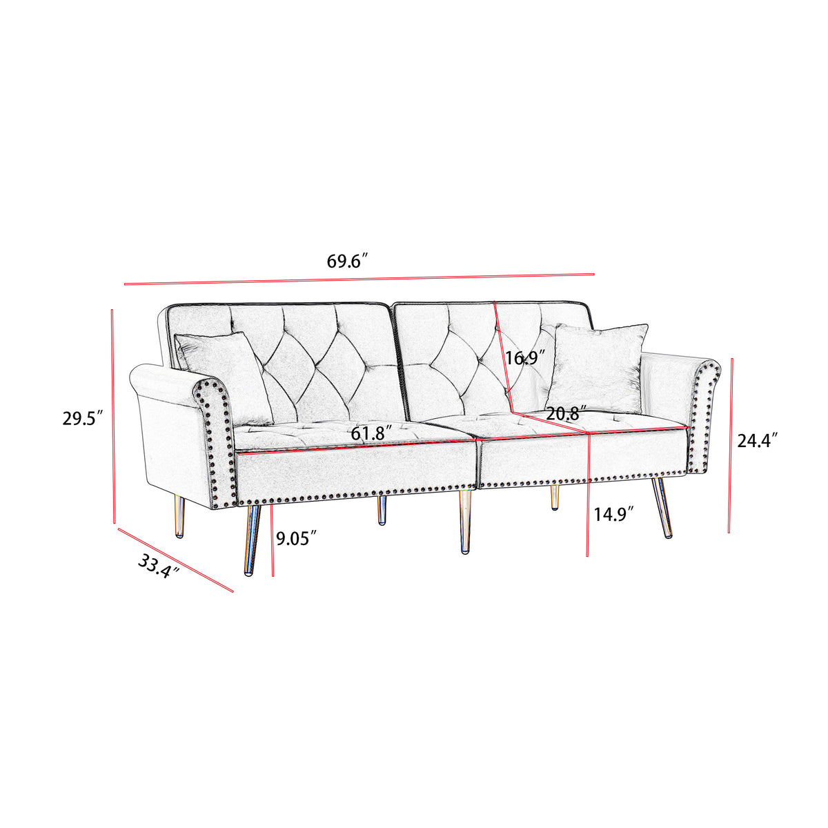 Grey Velvet Tufted Sofa Couch With 2 Pillows And Trim Light Grey Wood Foam Velvet 2 Seat