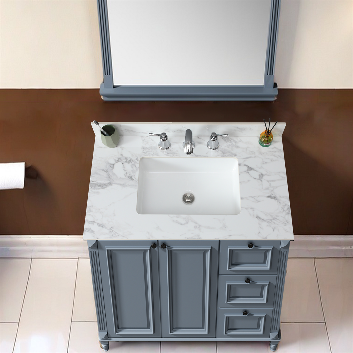 37"X22"Bathroom Vanity Top,Sintered Stone Carra Whitebarthroom Vanity Sink Tops With Rectangular Undermount Ceramic Sink With Vanity Backsplash, Three Faucet Hole Bathroom Vanity Countertop White
