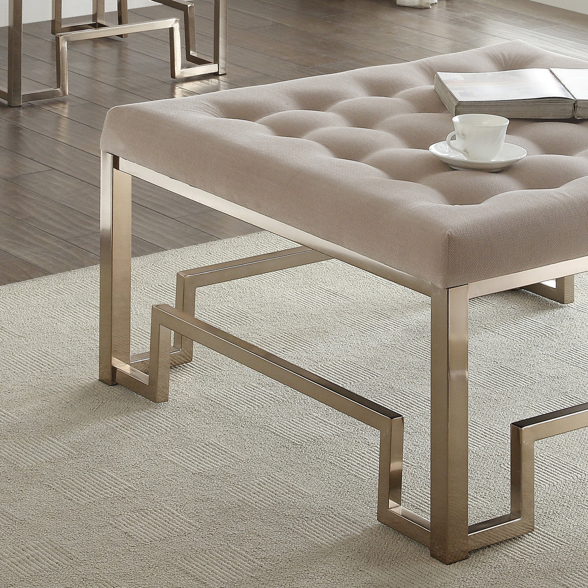 Beige And Champagne Cocktail Tufted Ottoman Champagne Metal Primary Living Space Backless Solid Brown Contemporary Square Armless Tufted Fabric Metal