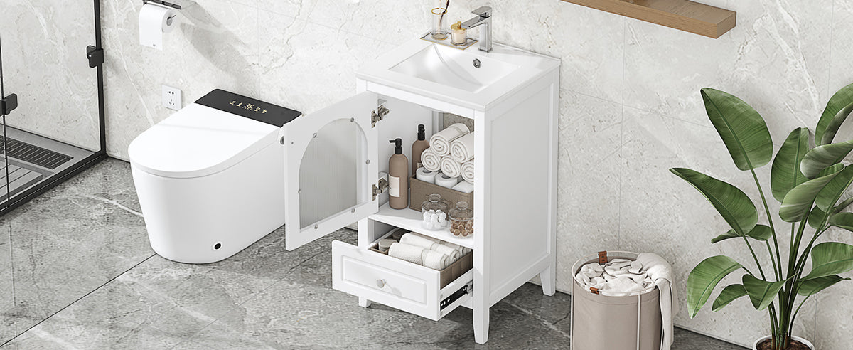 20" Bathroom Vanity With Sink, Bathroom Cabinet With Soft Closing Glass Door, A Drawer, White White Mdf