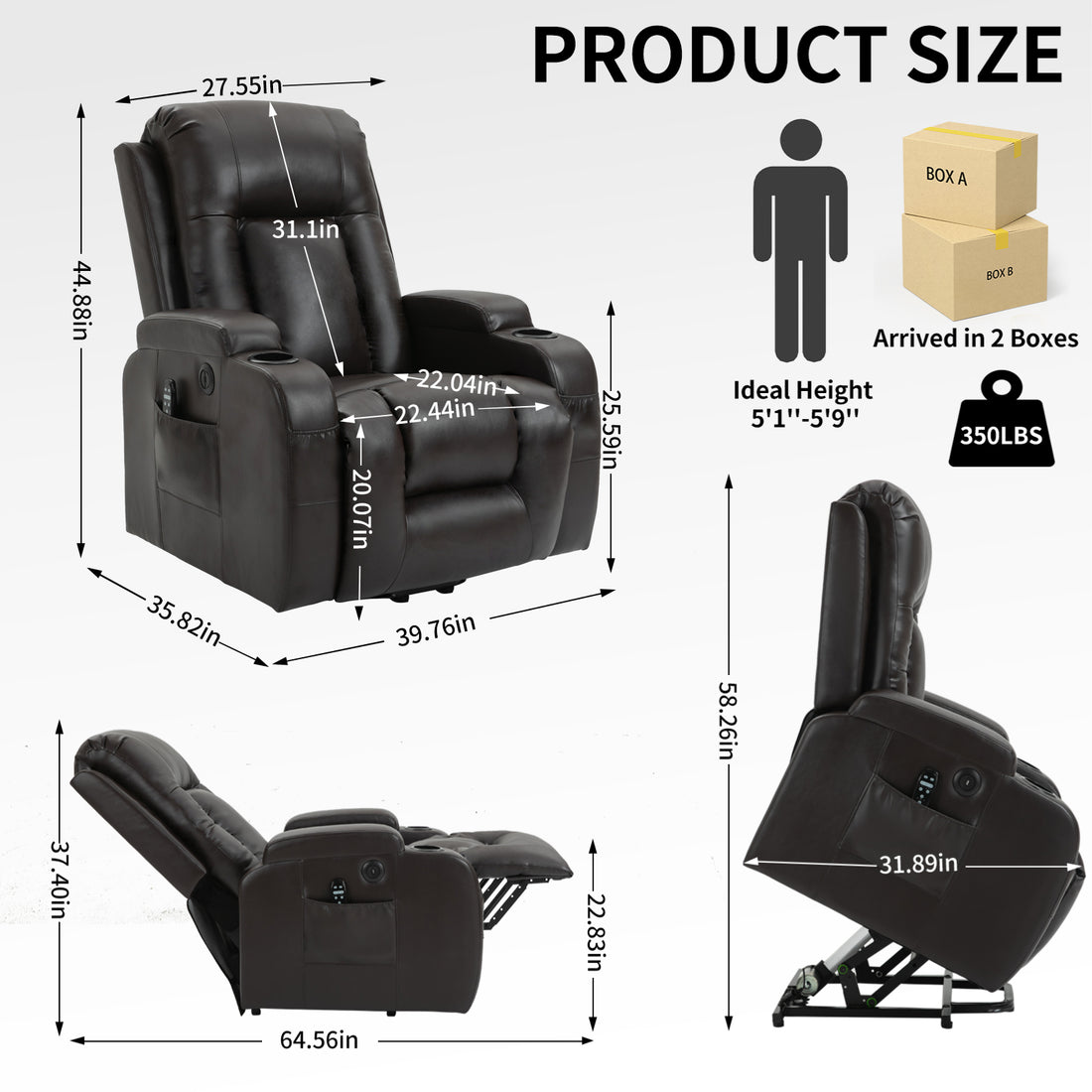 Infinite Position Up To 350 Lbs Power Lift Recliner Chair For Elderly, Heavy Duty Motion Mechanism With 8 Point Vibration Massage And Lumbar Heating, Usb Charging Port, Cup Holders, Brown White Metal Primary Living Space Heavy Duty Pine Brown Faux