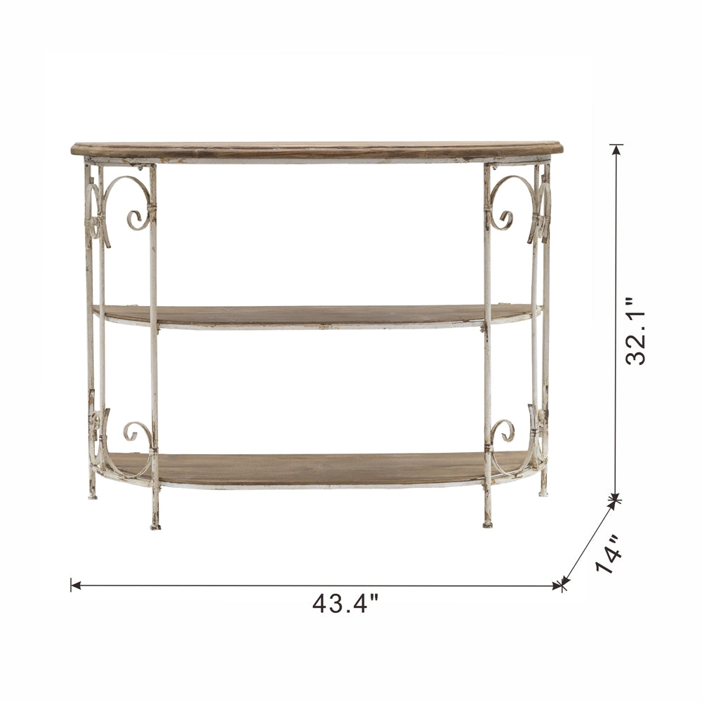 43.5X14X32" Three Tiered White Wooden Shelving Unit With Ornate Iron Frame Multicolor Antique,Boho,Farmhouse,French Country,Rustic Wood Metal