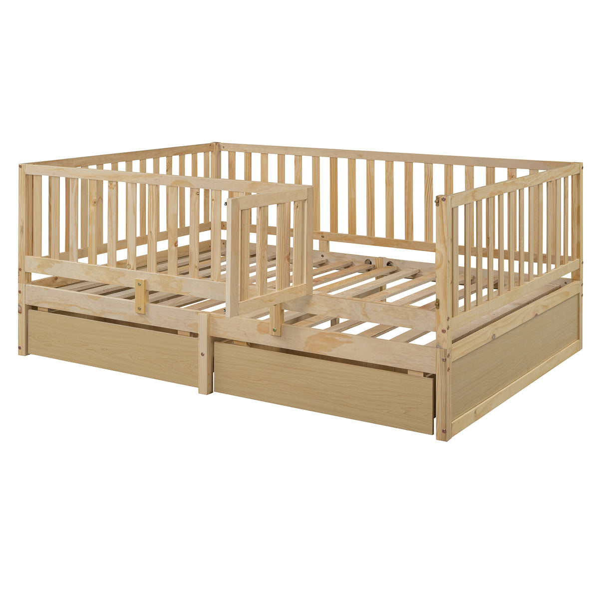 Full Size Wood Daybed With Fence Guardrails And 2 Drawers, Split Into Independent Floor Bed & Daybed, Natural Old Sku :Lp000882Aan Full Natural Solid Wood Mdf