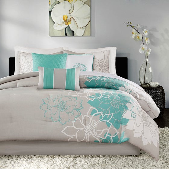 Printed Cotton Sateen Comforter Set Aqua King King Aqua Cotton