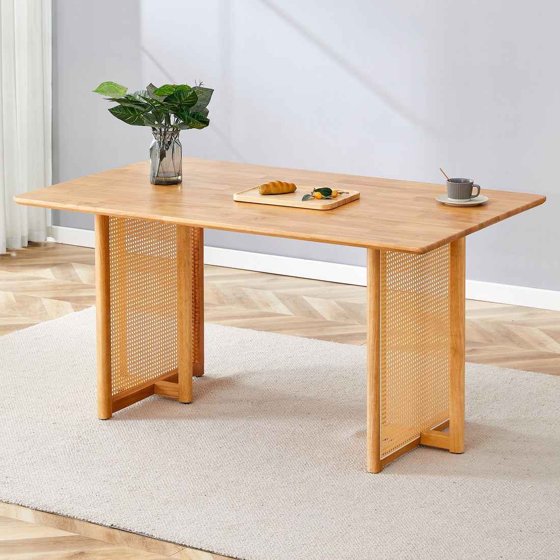 Chinese Country Retro Solid Wood Dining Table, Simple Modern Imitation Rattan Dining Table, Wooden Dining Table, Desk. Suitable For Dining Room, Living Room, Office Wood Rubber Wood