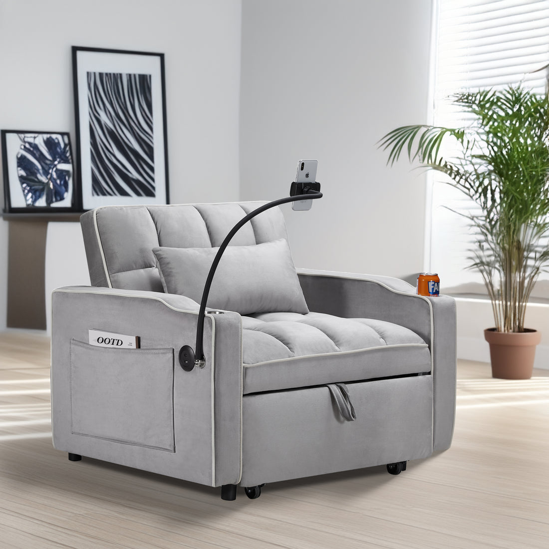 Convertible Sleeper Chair Sofa Bed Adjustable Pull Out Sleeper Chair Bed Multi Pockets Folding Sofa Bed For Living Room Bedroom Small Space,3 In 1 Sofa Bed Grey Velvet Wood Soft Tufted Back Heavy Duty American Design,American Traditional Square Arms
