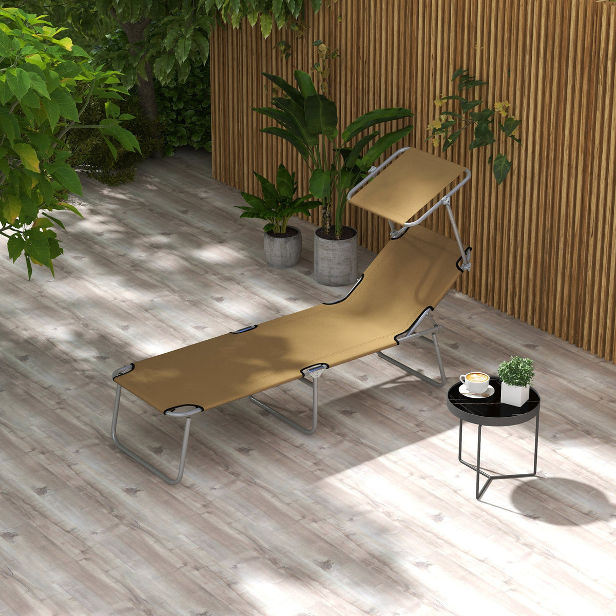 Outsunny Outdoor Lounge Chair, Adjustable Folding Chaise Lounge, Tanning Chair With Sun Shade For Beach, Camping, Hiking, Backyard, Tan Tan Steel