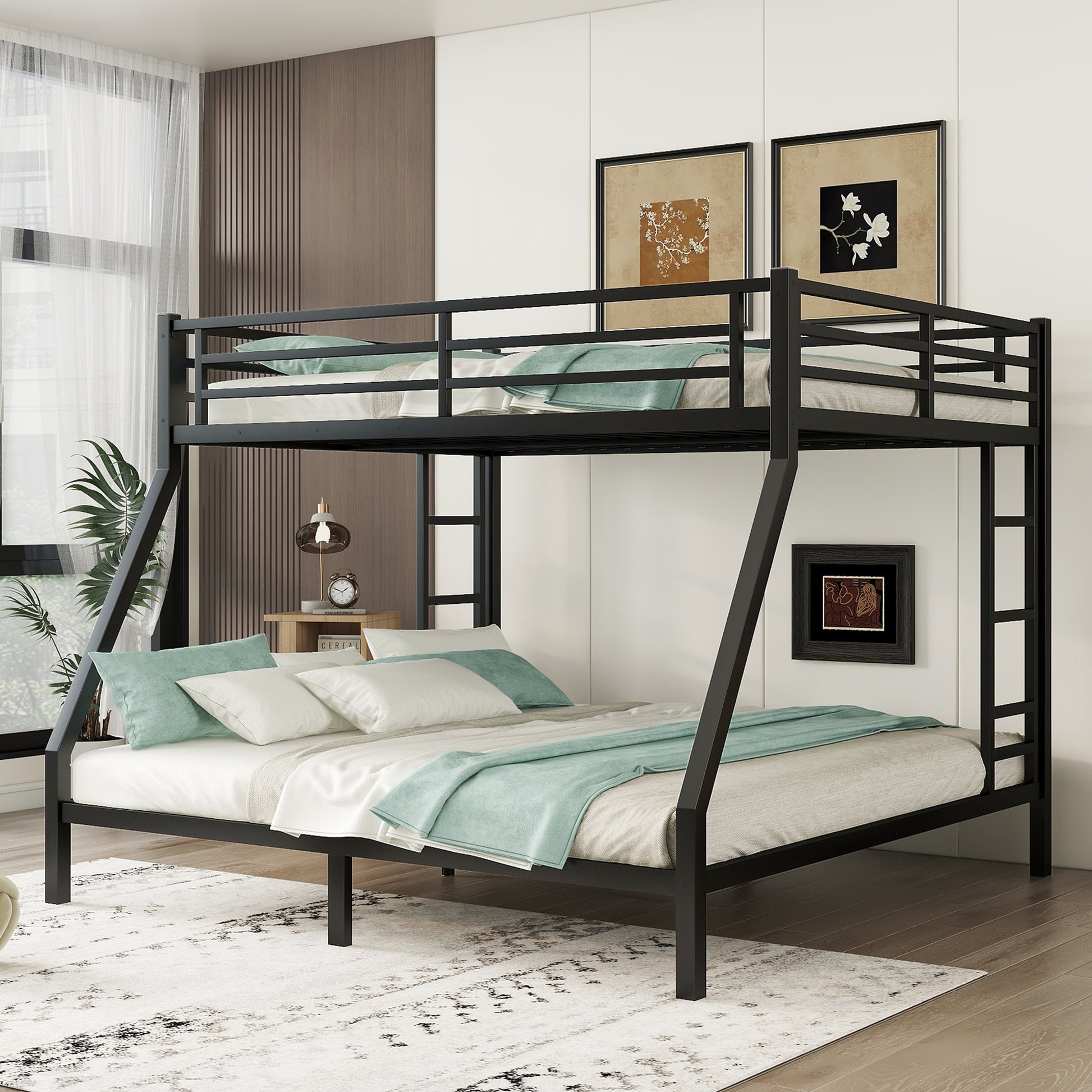 Metal Queen Over King Bunk Bed For Teens And Adults,Space Saving Noise Reduced No Box Spring Needed, Black Black Metal