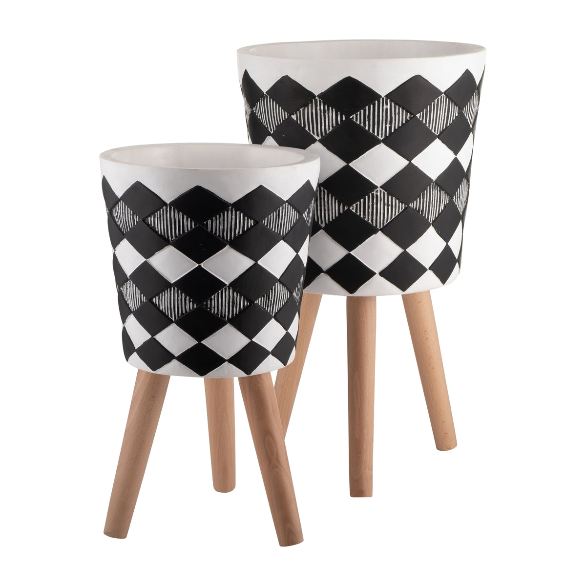 S 2 10 12" Diamond Planter W Wood Legs, Black Kd Black Polyresin