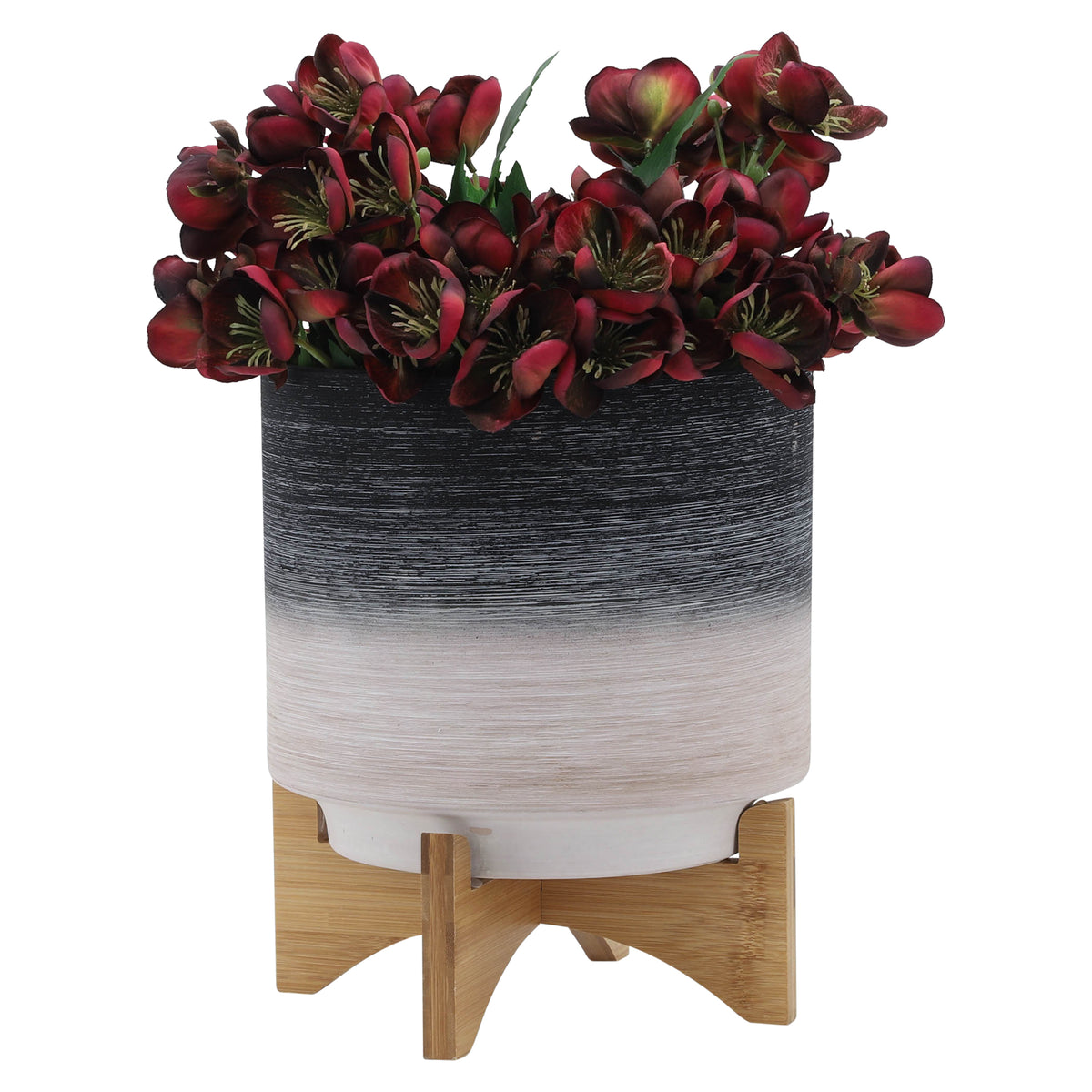 Ceramic, S 2 8 10" Planter On Wooden Stand, Gray Gray Ceramic