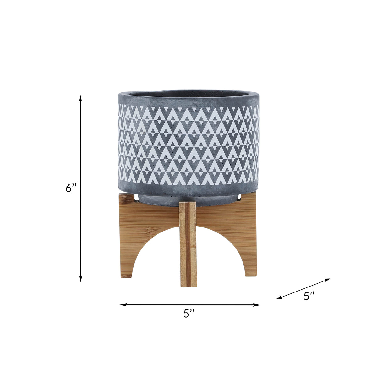 Ceramic 5" Aztec Planter On Wooden Stand, Gray Gray Ceramic
