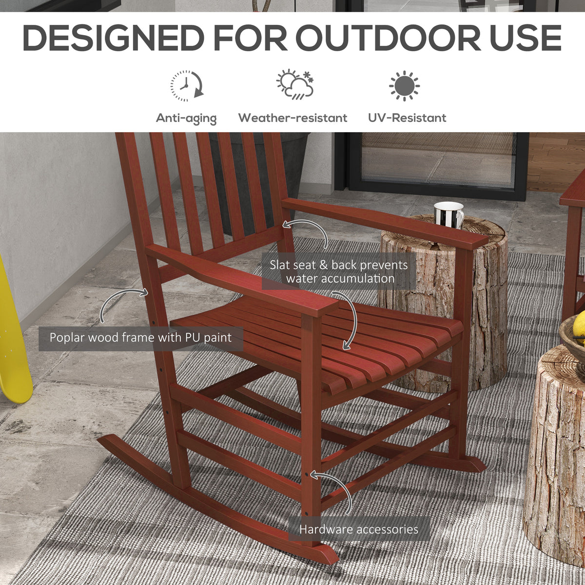 Outsunny Outdoor Rocking Chair Set Of 2, Patio Wooden Rocking Chair With Smooth Armrests, High Back For Garden, Balcony, Porch, Supports Up To 352 Lbs., Wine Red Red Fabric Metal