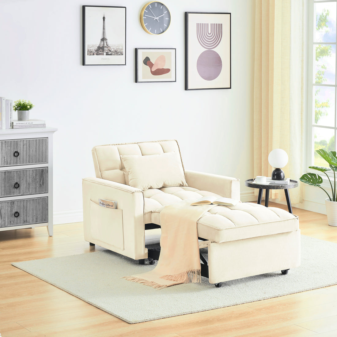 Sofa Bed Chair 3 In 1 Convertible, Recliner, Single Recliner, Suitable For Small Spaces With Adjustable Back Black Creamy White Creamy White Light Brown Velvet Wood Primary Living Space Cushion Back Modern,Traditional Eucalyptus Solid Wood Mdf Resin