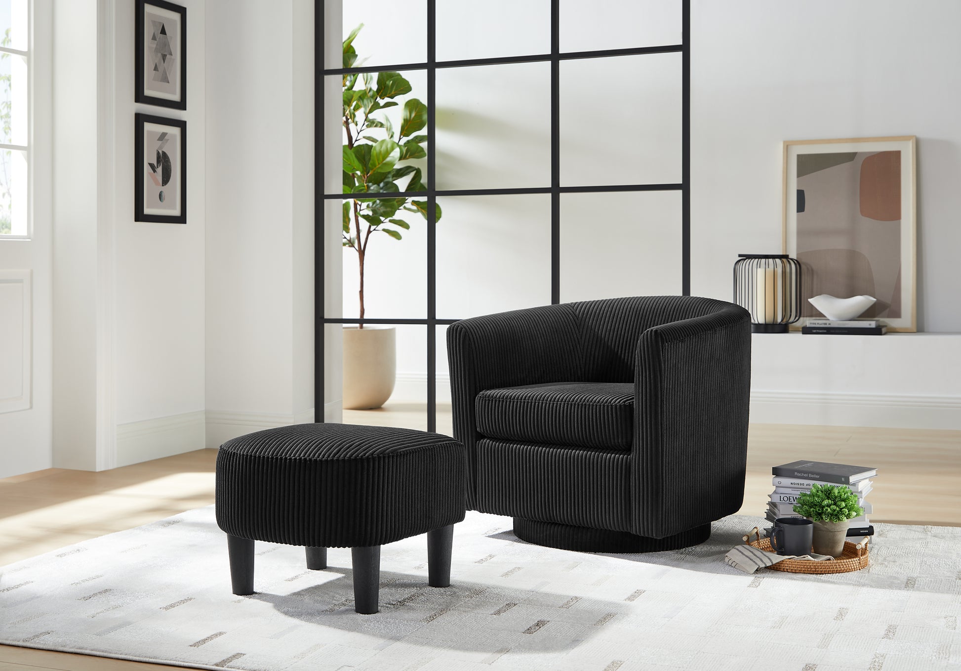 Swivel Accent Chair 360 Comfy Recliner Corduroy Arm Chair Single Sofa With Ottoman For Living Room Bedroom,Black Black Fabric