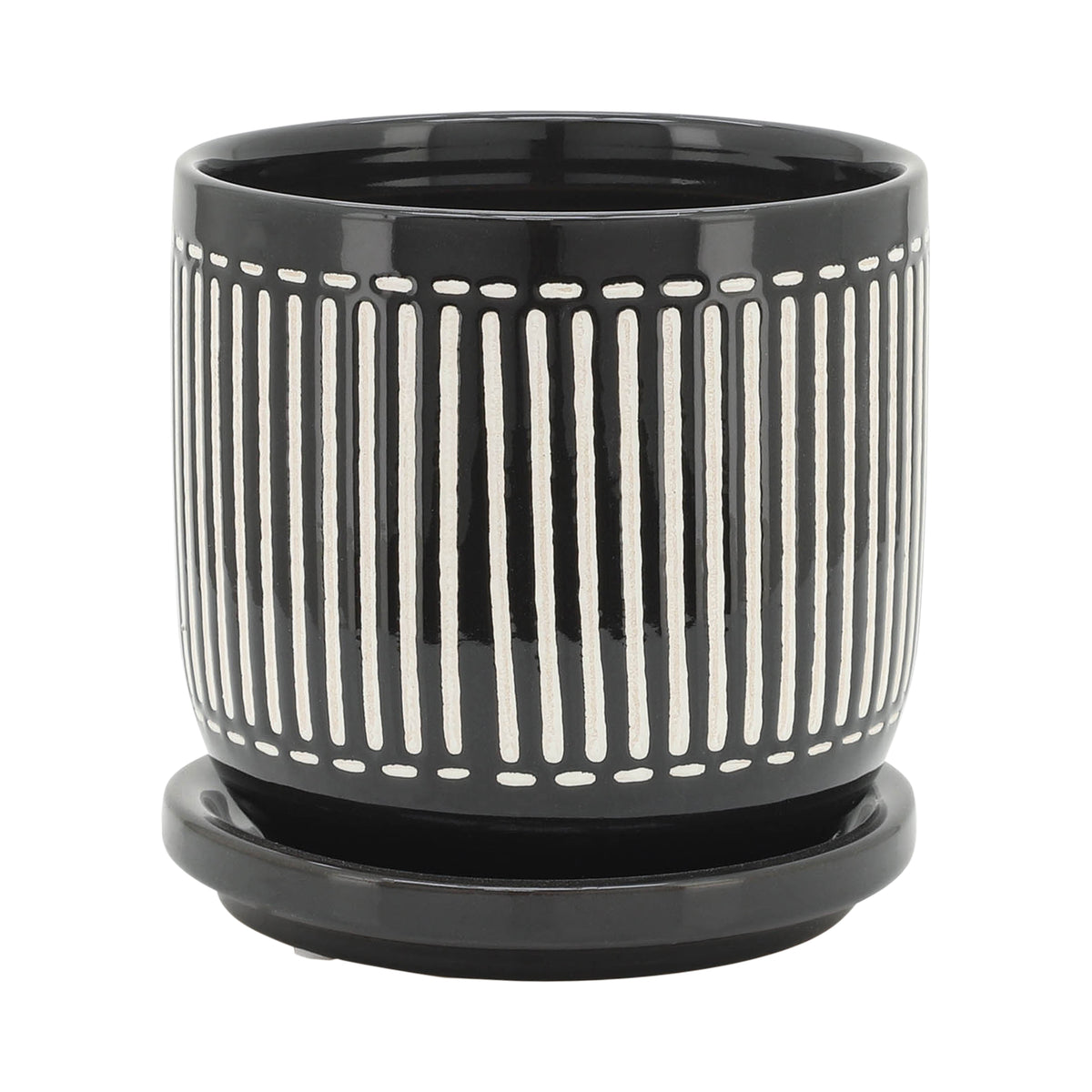 S 2 5 6" Vertical Lines Planter W Saucer, Black Black Ceramic