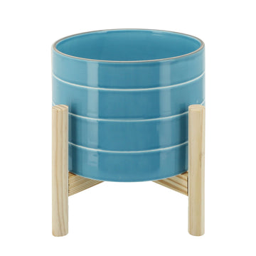 8" Striped Planter W Wood Stand, Skyblue Blue Ceramic