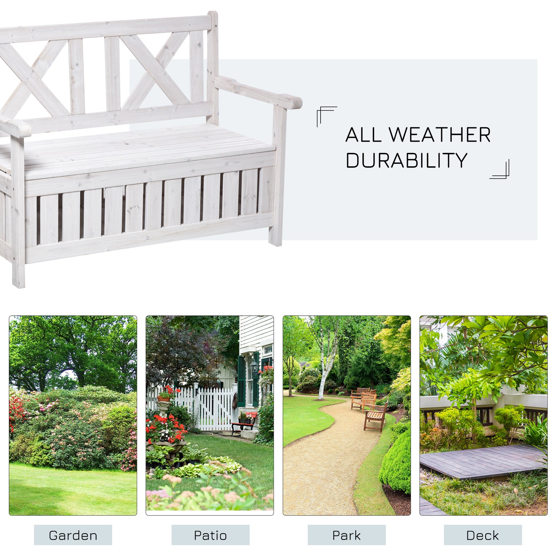 Outsunny Patio Wooden Bench With Storage Box, 29 Gallon Outdoor Storage Bench, Large Entryway Deck Box W Unique X Shape Back, For Deck, Porch & Balcony, White White Wood