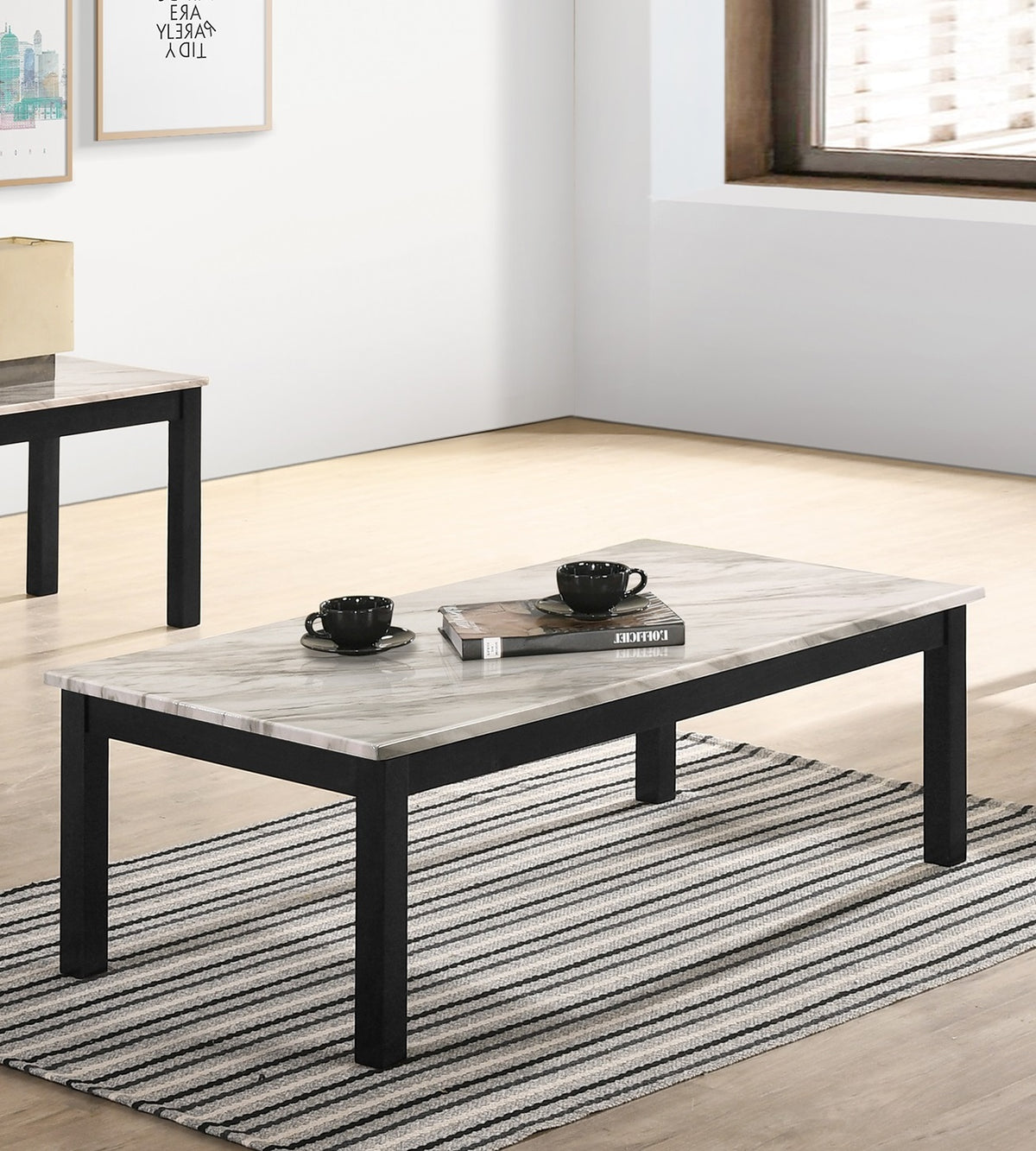 Majestic Beautiful White Faux Marble Top 1X Coffee Table And 2X End Tables 3Pc Coffee Table Set Black Legs Living Room Furniture Black,White Primary Living Space
