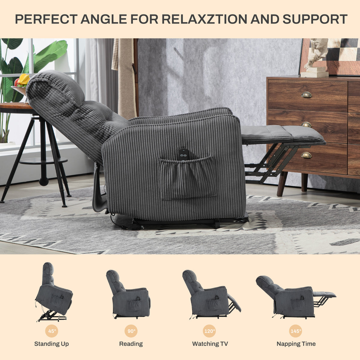 Coolmore Recliner Chair, Electric Recliner Chairs For Adults, Side Pocket Power Reclining Chair Pocket Springs Seat Cushion, Corduroy Fabric Recliner Sofa For Living Room, Bedroom, Home Theater Dg Dark Gray Foam Corduroy