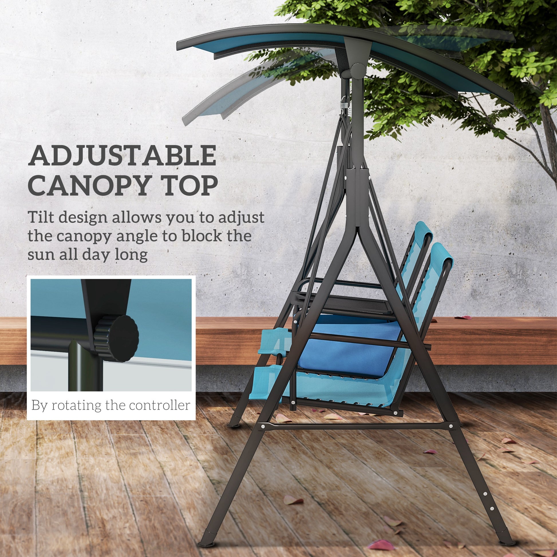 Outsunny 2 Seat Patio Swing Chair, Outdoor Canopy Swing Glider With Pivot Storage Table, Cup Holder, Adjustable Shade, Bungie Seat Suspension And Weather Resistant Steel Frame, Blue Blue Steel
