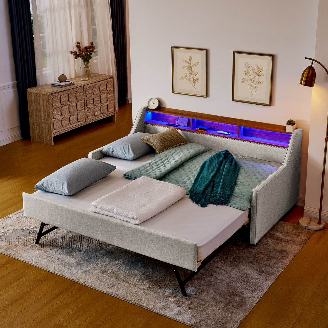 Twin Size Upholstery Sofa Bed With Three Led Lights, With Storage Adjustable Headboard, With Foldable Leg Pull Up Trundle Bed And Wireless Charging, Linen Padded Sofa Bed Frame, Beige Box Spring Not Required Twin Beige Composite Bedroom Classic