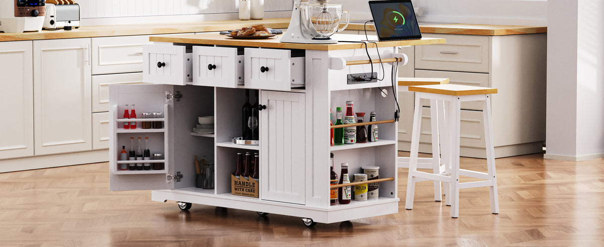K&K 53Inch Large Kitchen Island With 2 Bar Stools, Power Outlet,Door Internal Storage Rack, Kitchen Storage Cart On 5 Wheels With Drop Leaf, 5 Open Side Racks, 3 Drawers, For Kitchen,Dining