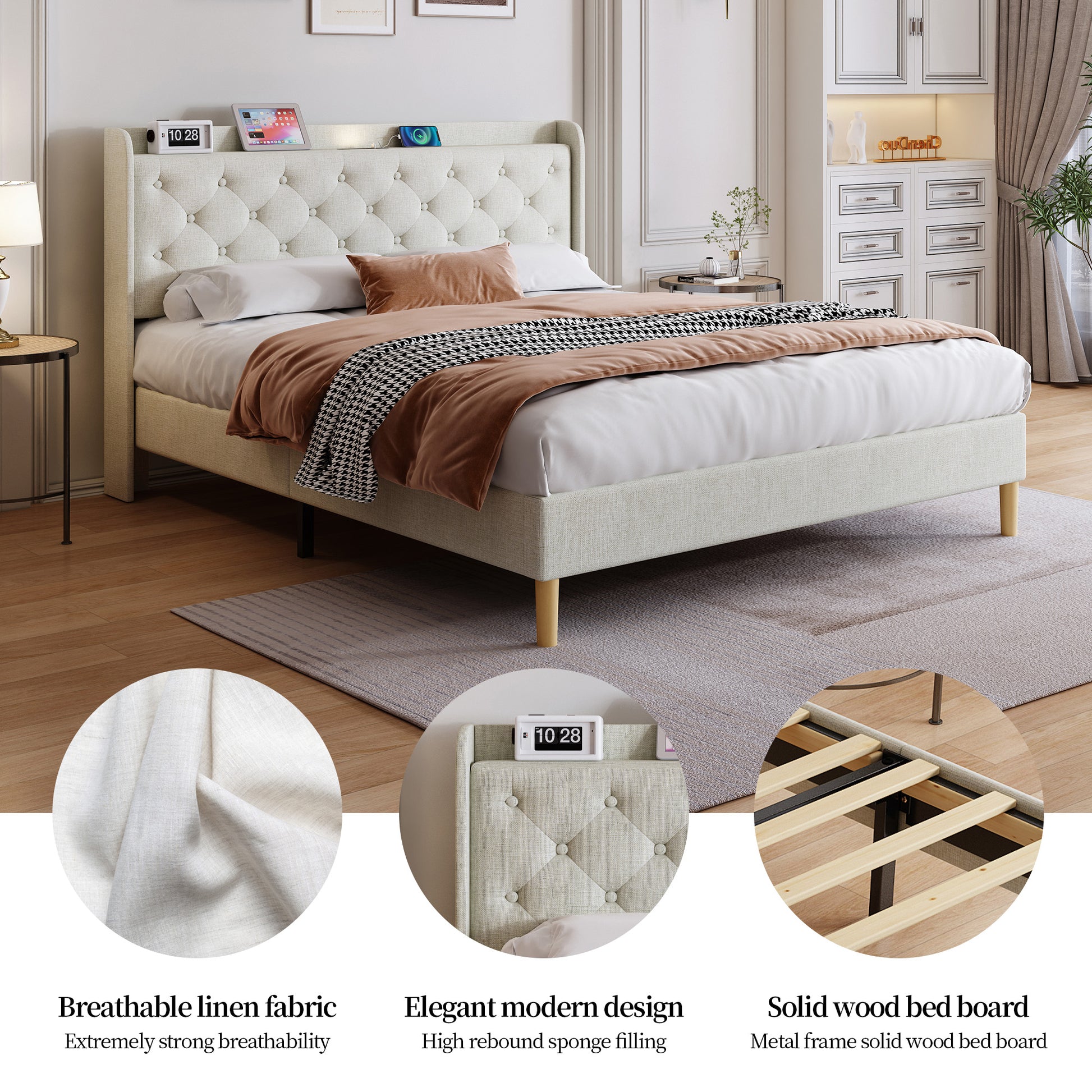 Queen Size Bed, Mesh Backboard Beautiful, With Led Lights, Cotton And Linen Fabric, Frame Stability, Easy To Assemble,Light Gray Queen Light Gray Mdf Acacia