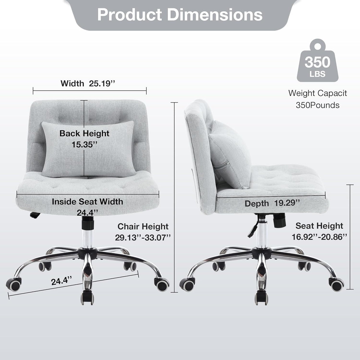 Armless Fabric Office Desk Chair With Wheels, Criss Cross Legged Wide Seat Chair, Modern Home Office Chair With Lumbar Pillow, Comfy Computer Task Chair For Small Space, Vanity Chair For Women, Girls Light Grey Memory Foam Cotton Textile
