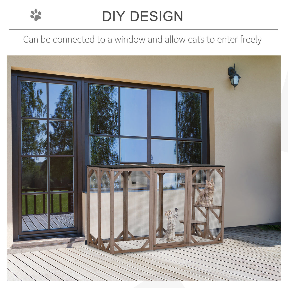 Pawhut Outdoor Cat House, Catio Wooden Feral Cat Shelter, Cat Cage With Platforms, Large Enter Door, Weather Protection Asphalt Roof, 71" L, Brown Brown Wood