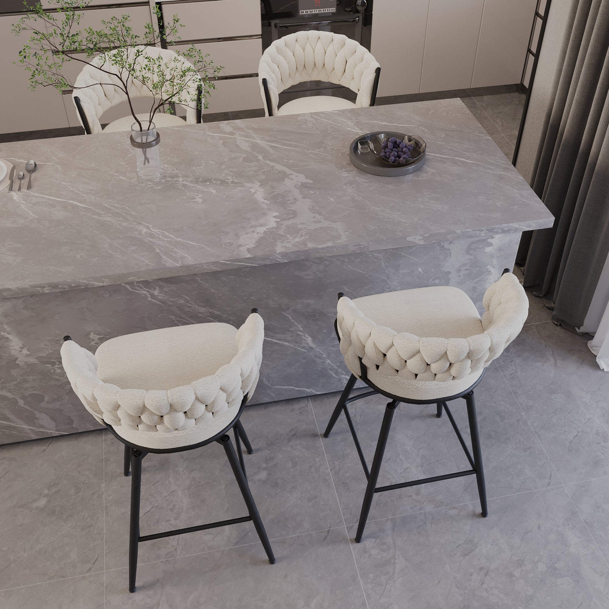 Bar Chair Toweling Woven Bar Stool Set Of 4, Black Legs Barstools No Adjustable Kitchen Island Chairs,360 Swivel Bar Stools Upholstered Counter Stool Arm Chairs With Back Footrest, White White Black Foam Linen