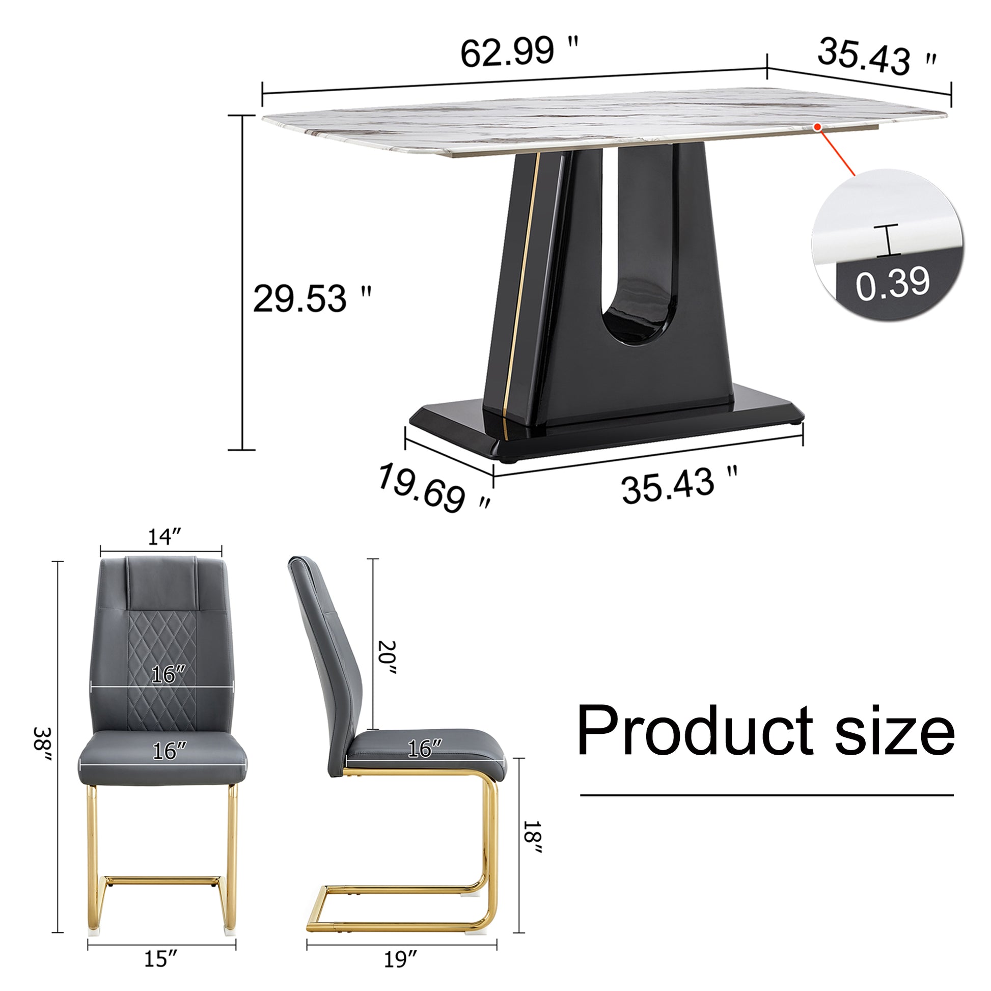 Table And Chair Set, Modern And Minimalist Dining Table, Imitation Marble Patterned Tabletop, Mdf Legs With U Shaped Brackets. Paired With Comfortable Chairs, Suitable For Dining And Living Rooms. Black Gold Mdf Glass