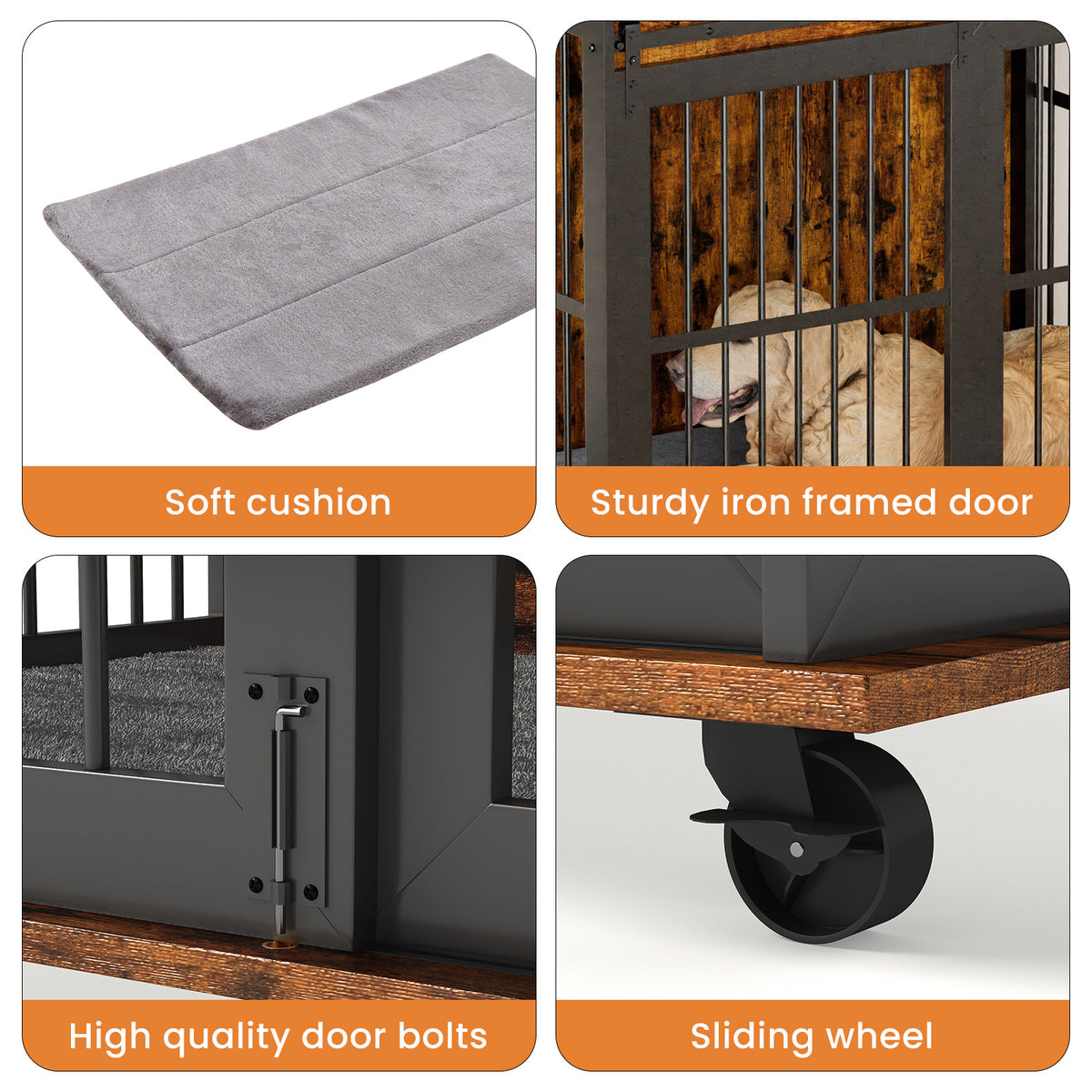 Furniture Dog Crate Sliding Iron Door Dog Crate With Mat. Rustic Brown,43.7''W X 30''D X 33.7''H . Rustic Brown Particle Board